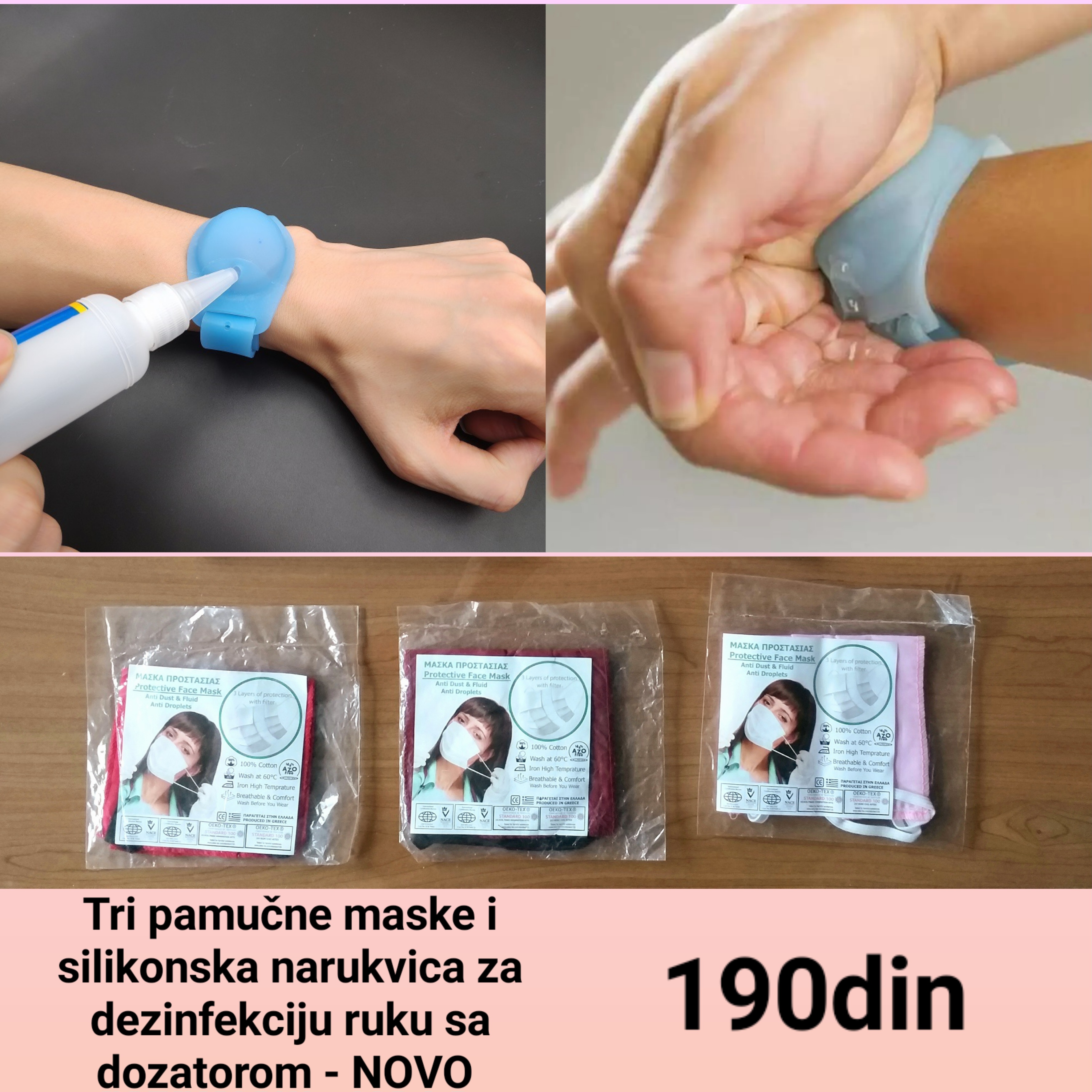 Tri pamučne maske i narukvica za dezinfekciju ruku NOVO