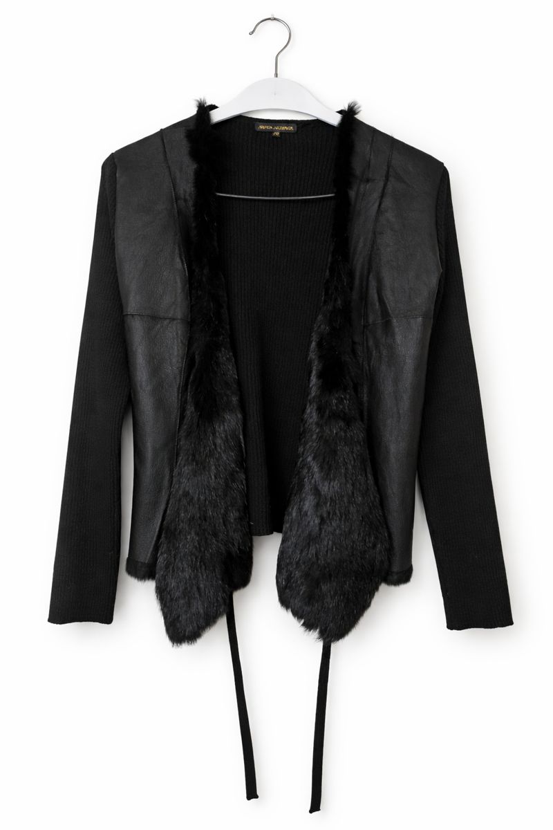 Amaya Arzuaga crni kardigan, vuna,koža,krzno